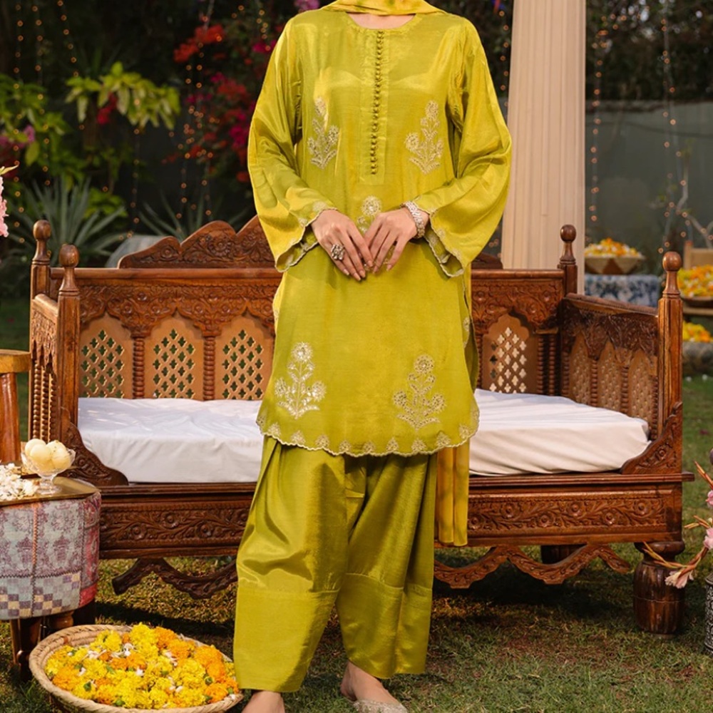 Elegant Green Women's Embroidered Raw Silk 3pc Suit by Asim Jofa